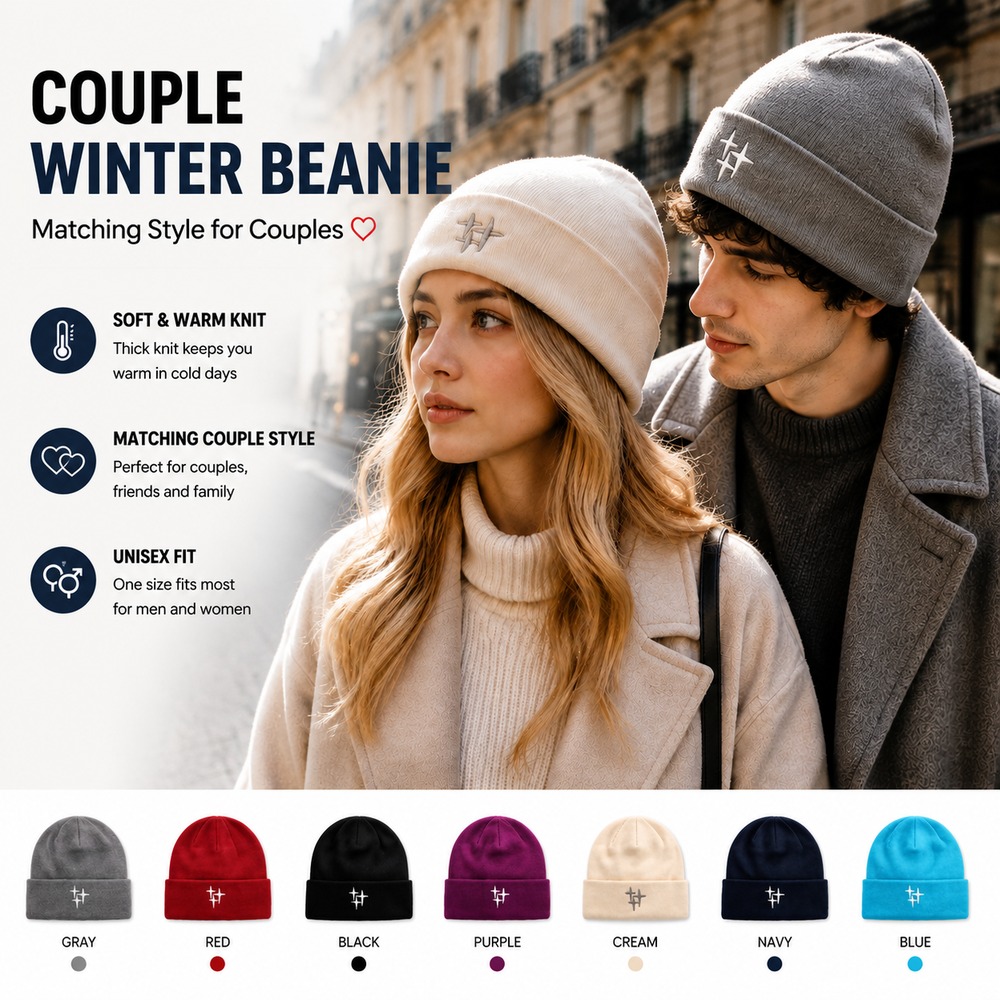 Beanie Cuffed Knit - قبعة شتوية نسائية محبوكة مع تطريز