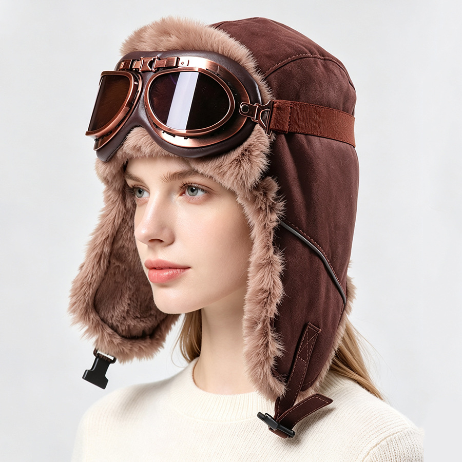 Winter Trapper Hat - قبعة طيار كلاسيكية مع نظارات واقية،